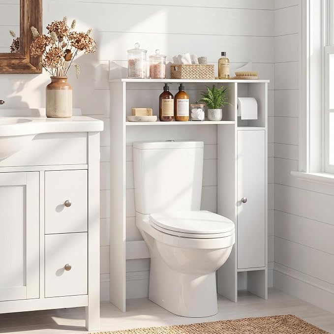Tangkula Over The Toilet Storage Cabinet, Bathroom Above Toilet Cabinet with Toilet Paper Holder, Adjustable Shelves, Freestanding Space Saver, Bathroom Cabinet Organizer for Restroom, Laundry (White)