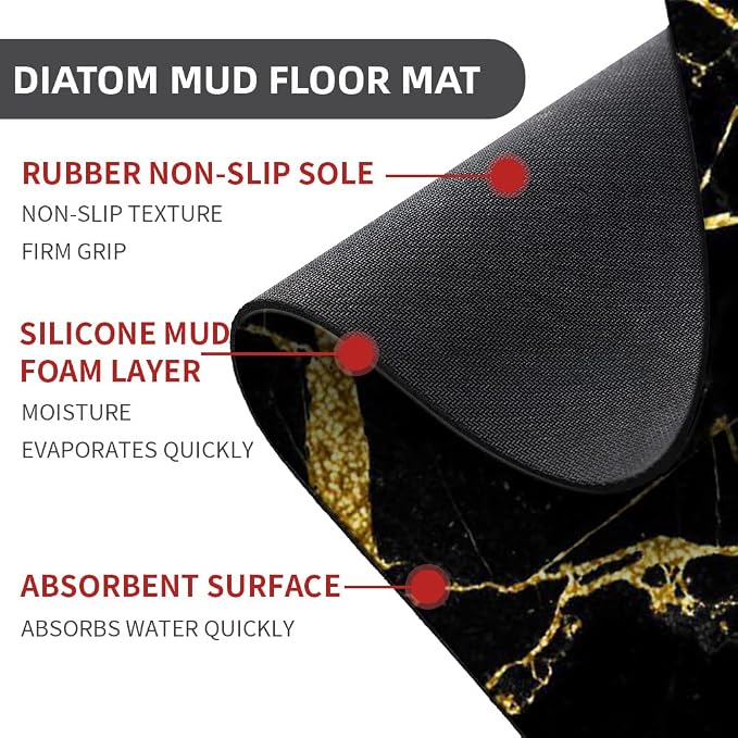 Diatomaceous Earth Bath Mat,Black Gold Marble Non-Slip Volume Super Absorbent Fast Drying for Bathroom Kitchen Door mat,Eco-Friendly Easy to Clean 16×24Inch (40 * 60cm)