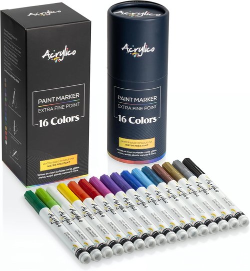 Skiennix Acrylic Paint Markers Set - 16 Fine Tip Pens for Fabric, Rock, Metal & Ceramic Art Projects