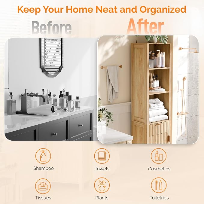 VINGLI Narrow Fluted Bathroom Floor Skinny Storage Cabinet with 1 Fluted Door&Drawer,68" Tall Narrow12 Inch Deep Slim Bathroom Storage Cabinet for Small Space w/3 Adjustable Shelves,Natural Oak Color