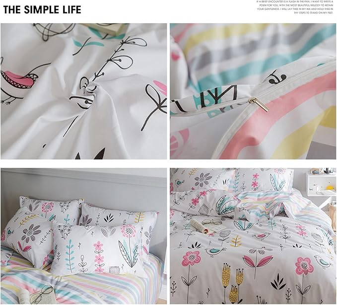 HighBuy Floral Duvet Cover Twin Bedding Set 3 Piece White Bedding Sets Cotton Garden Boho Aesthetic Comforter Cover for Boys Girls Kids Reversible Striped Bedroom Collections,Style03