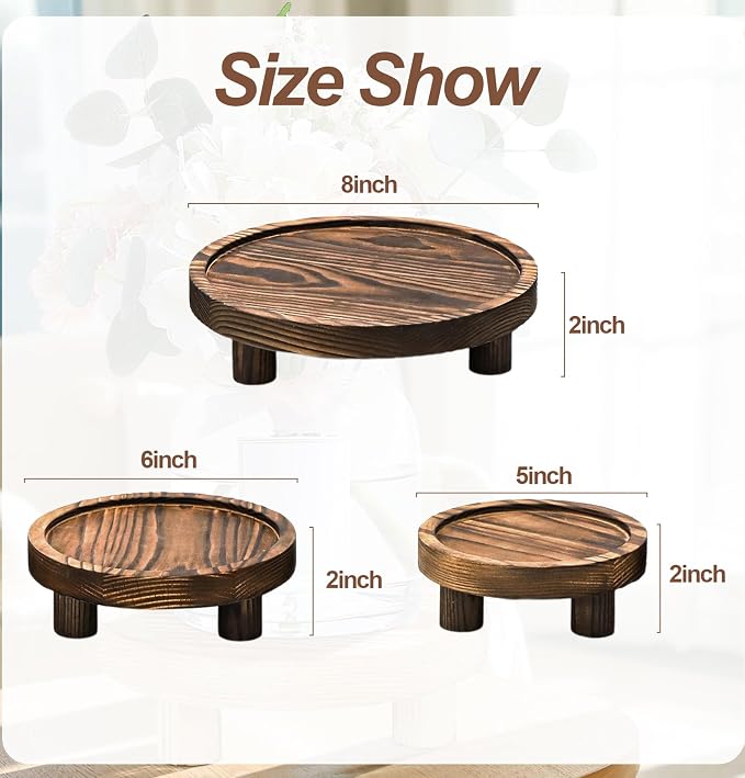 3 PCS Wooden Flower Plant Stand Indoor For Home Living Room Decor, Wood Plant Display Tray For Outdoor Planter Gardening Essentials, Wooden Food or Drinks Holders Tray Indoor. (Rustic Brown)