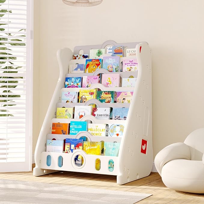 Kids Bookshelf for Toddlers, 7 Tier White Bookcase for Kids Bedroom/Nursery/Classroom, Corner Bookshelf Book Storage Organization Montessori Baby Book Storage Shelf (Grey-7-Tier Bookcase)