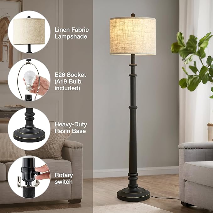 Floor Lamps for Living Room - 60" Resin Farmhouse Floor Lamp with Adjustable Color Temperatures - Vintage Standing Lamp Reading Light with Linen Shade Retro Tall Lamp for Bedroom Office, Black