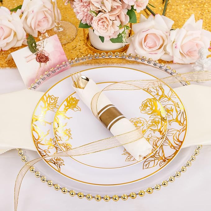 DaYammi 210Pcs White Gold Plastic Plates for Party,Gold Disposable Dinnerware Set Includes 60 gold floral plates,30 plastic Silverware,30 Per Rolled Napkins,30 Plastic Cups for Christmas Party Wedding