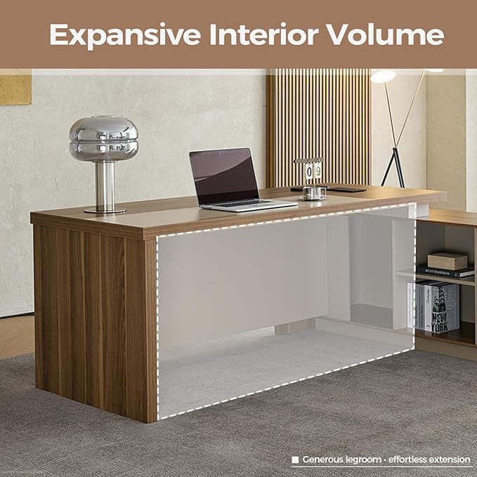 Modern L Shape Executive Desk with Drawers and Lockable Storage Cabinet, Large Executive Office Desk with Cable Management (Champagne Wood Grain+Beige/Right,79" L*63" W*30" H)