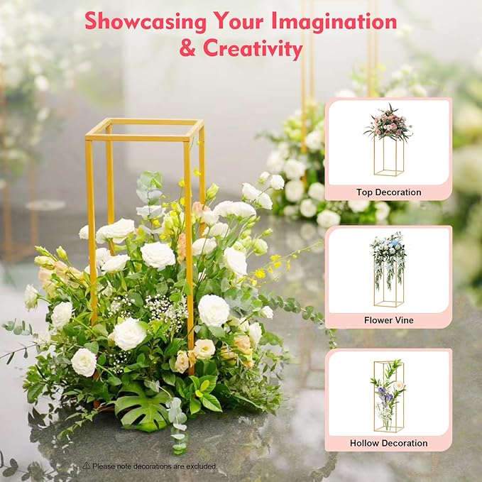 4Pcs Gold Wedding Flower Stands, 4 Different Sizes Metal Column Flower Holders Gold Flower Centerpieces Stands Wedding Metal Centerpieces Rectangular Vase for Wedding Decorations Party Event (4Pcs)