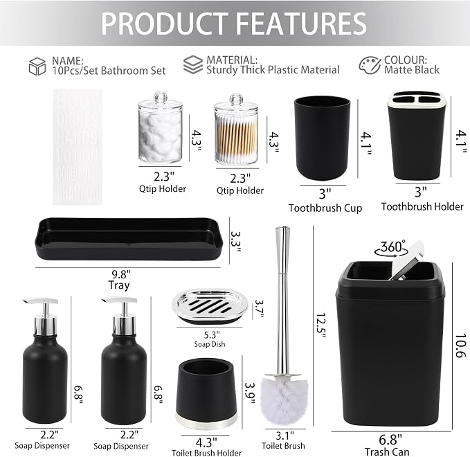 XLHOMO Black Bathroom Accessories Set - 10 Piece Bathroom Set with Trash Can and Toilet Brush, Soap Dispenser, Toothbrush Holder and Cup, Soap Dish, and Qtip Holder, for Housewarming Gift