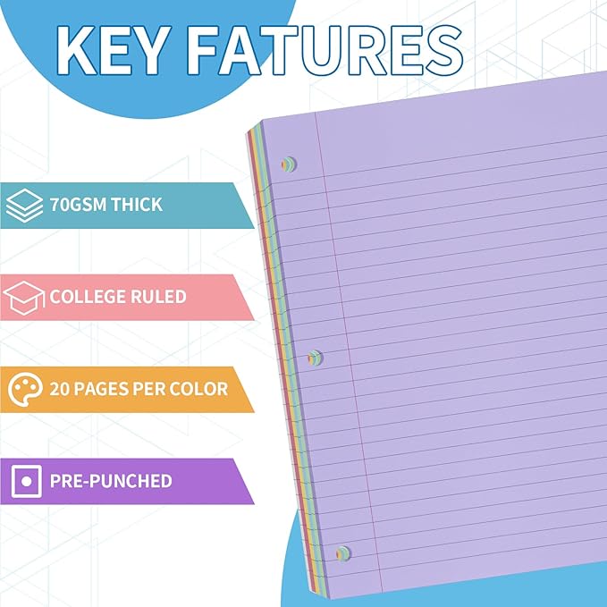 6 Color Loose Leaf Paper College Ruled, 120 Sheets 8" X 10.5" Colored Notebook Paper, 3-Hole Punched 70 Gsm Lined Paper For 3-Ring Binders, Loose Leaf Office Paper