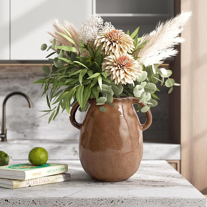 Antique Brown Ceramic Vase with Handles, Rustic Farmhouse Decor, 7 Inch Glazed Pottery Flower Vases for Home Decor, Handmade Decorative Vase for Flowers, Bouquet, Table, Kitchen, Living Room