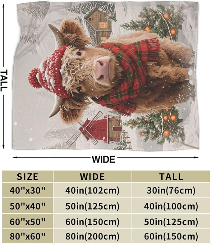 Highland Cow Blanket Christmas Cattle Throw Blanket Winter Snow Soft Cozy Fleece Fuzzy Stuffed Plush Farm Animal Flannel Gifts for Girls Women Boys Kids Adults 40''x50''