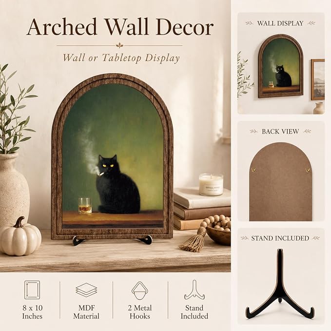 Vintage Black Cat Tabletop Decor Sign, Arched Wooden Frame with Stand, Rustic Home Wooden Sign for Living Room Bedroom Shelf Desk Display, Stylish Home Accent