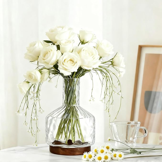 Clear Glass Vase Flower, Rippled Flower Vases with Wooden Base, 10-inch Modern Round Vases, Suitable for Living Room, Dining Room...