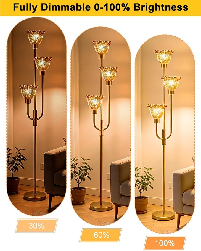 Lightdot 3-Lights Glass Floor Lamp 66IN Modern Gold Dimmable Floor Lamps with 3000K Warm White Bulbs for Wedding Party Tall Standing Lamp with Amber Glass Shade for Living Room/Bedroom/Home Decor