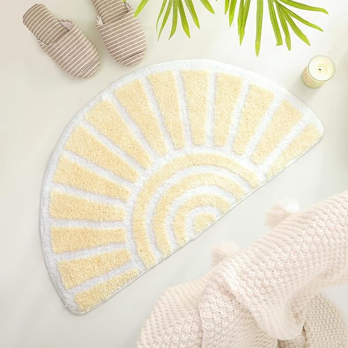 TRUEDAYS Bath Rug Beige Sun Bath Mat, Half Circle Cute Boho Bathroom Rugs Soft and Fluffy, Water Absorbent Bath Rug Machine Washable Bathroom Mat