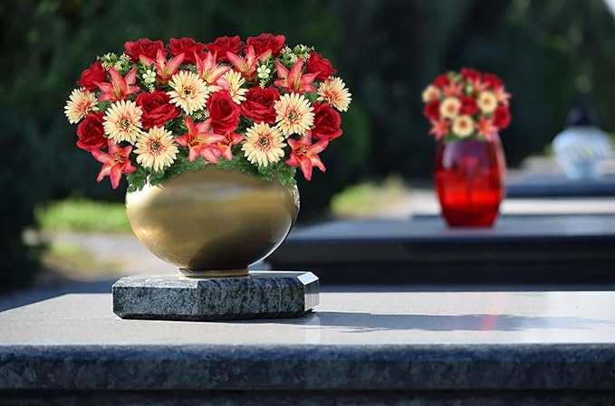 Hollyone Set of 2 Artificial Cemetery Flower for Graves Red Cemetery Memorial Flowers for Outdoor Grave Decorations Silk Flower Arrangements Rose Lily Gerbera Floral Flowers Bouquets