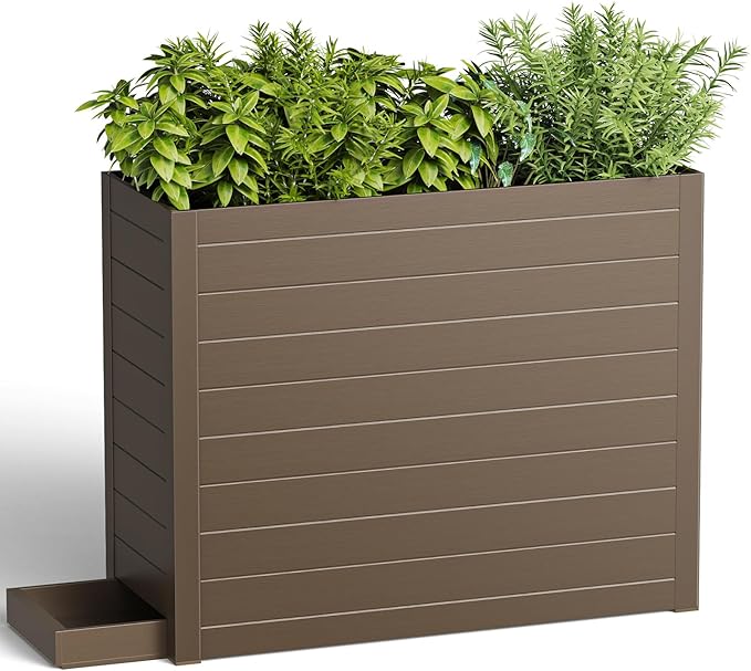 Outdoor Planter Box, Large Rectangular Planter with Removable Drip Tray, Suitable for Indoor or Outdoor Patios/Porches, Ideal for Planting Plants, Flowers, and Gardening (Brown)
