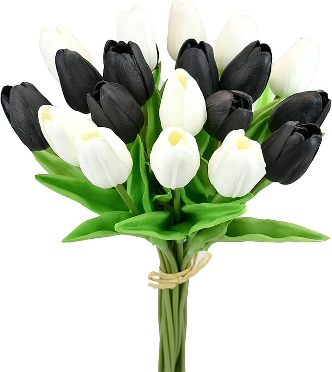 Mandy's Artificial Tulips 20 Stems Black and White PU Faux Flowers for Thanksgiving and Christmas Decorations Wedding Home Decor 13.5 Inch