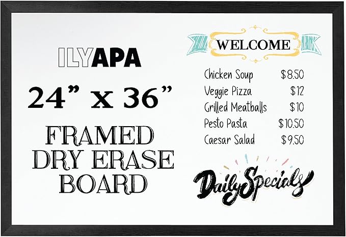 Ilyapa Extra Large Dry Erase Board for Wall - Wood Framed Magnetic White Board - 24 x 36 Inches Decorative Wall Hanging Menu Whiteboard - Black