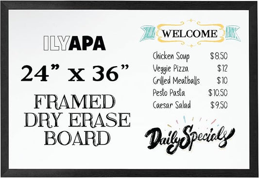 Ilyapa Extra Large Dry Erase Board for Wall - Wood Framed Magnetic White Board - 24 x 36 Inches Decorative Wall Hanging Menu Whiteboard - Black
