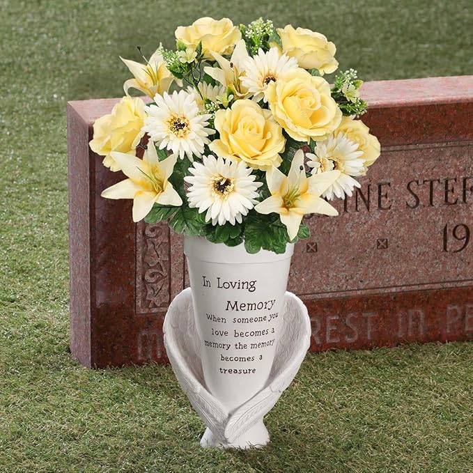 Hollyone Set of 2 Artificial Cemetery Flowers for Grave Yellow Cemetery Memorial Flowers for Cemetery Outdoor Grave Decorations Silk Flower Arrangements Rose Lily Gerbera Floral Flowers Bouquets