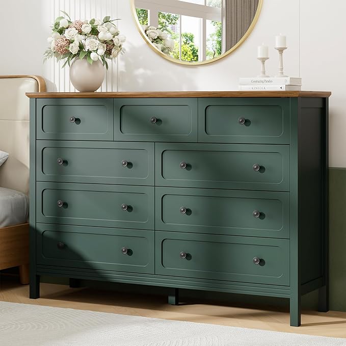 Dresser for Bedoom, Modern Chest of Drawers, Wood 9 Drawer Dresser with Metal Handles, Storage Organizer Wide Dressers for Living Room, Hallway, Entryway, Green
