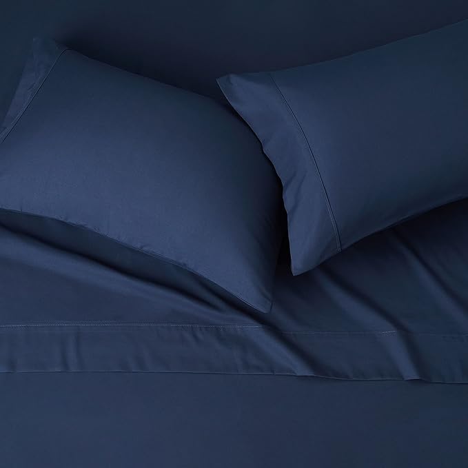 Amazon Basics Lightweight Super Soft Easy Care Microfiber 4 Piece Bed Sheets Set with 14-Inch Deep Pockets, Queen, Navy Blue, Solid