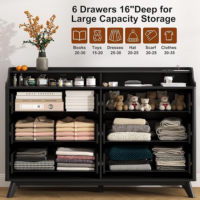 Dresser for Bedroom with 6 Drawers, 55" Large Dresser & Chest of Drawers with Charging Station, Wood Closet Clothes Storage Long Dressers Organizer for Bedroom Living Room Hallway, Black