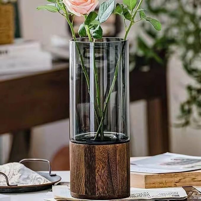 1 PC Simple Creative Wooden Glass Vase Dry Vase Hydroponic Wooden Base Cylindrical Flower Classic Boho Rustic Style for Decoration(Smoky Grey)