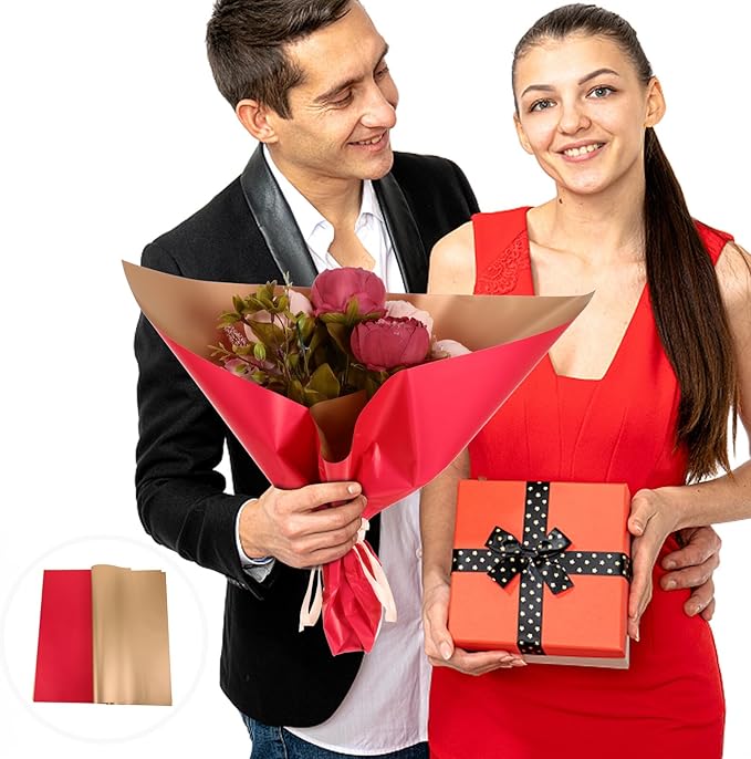 PartyKindom 20Pcs Double-sided Flower Wrapping Paper Bouquet Packing Paper for Floral Arrangements and Wrapping Red and Gold Design for Weddings Birthdays and Special Occasions