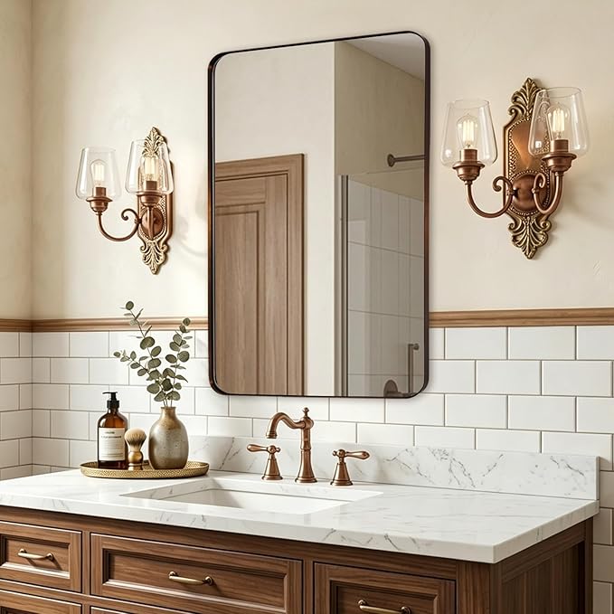 ANDY STAR Wall Mirror for Bathroom, 24"x36" Brushed Bronze Bathroom Mirror, Rounded Rectangle Mirror for Vanity, Stainless Steel Metal Frame