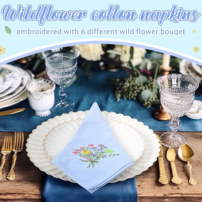 Tioncy 12 Pcs Christmas Floral Cloth Napkins Decorations Bulk Embroidered Wildflower Dinner Napkins Tea Cocktail Party Gifts Xmas Stocking Stuffers for Holiday Table Decor (Dusty Blue)