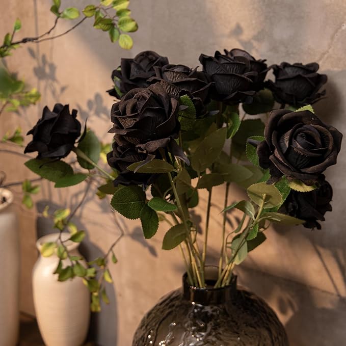 Black Artificial Rose Flowers, 12 Pcs Fake Roses for Halloween Decoration, Silk Roses with Long Stems, Home and Office DIY Decor