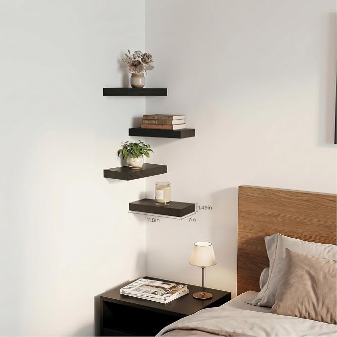 Black Floating Shelves for Wall Set of 4, 11.8 Inch Small Wall Shelves for Bathroom Over Toilet, Home Office & Bedroom Storage, Wall Mounted Shelf System for Decor, Books & Collectibles