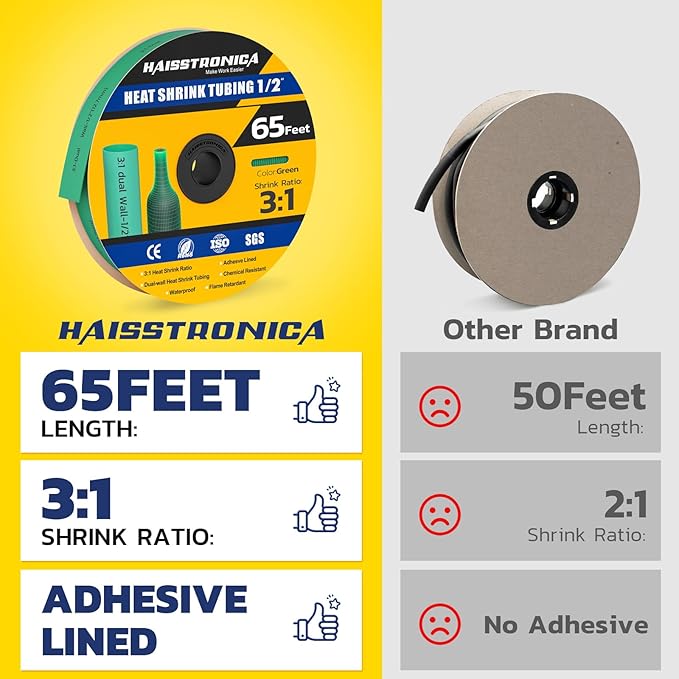 haisstronica 3:1 Heat Shrink Tubing, Shrink Ratio Adhesive Lined Marine Grade Heat Shrink Tube for Home, Automotive and Industrial (Green) 65FT 1/2inch