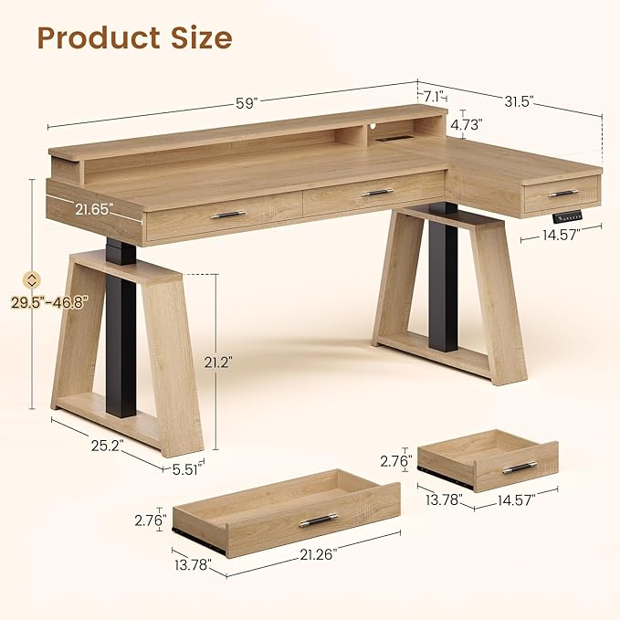SEDETA 59 Inch L Shaped Electric Standing Desk with Drawers, Executive Adjustable Desk with Power Outlets, Monitor Stand, Sit Stand Computer Table for Home Office, Oak
