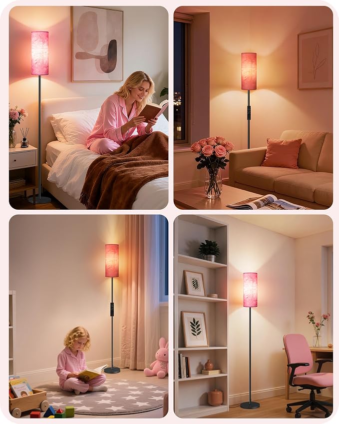 Dimmable Floor Lamps for Living Room with Remote and Foot Switch, 64.4” Modern Standing Tall Lamp, Corner Lamp for Bedroom, Bulb Included, 3000K-6500K, FCC Listed, Sakura Pink and Black CP06LD05W1