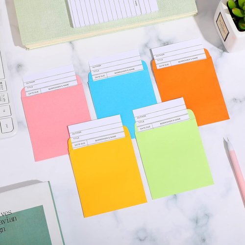 Library Pocket Envelopes by [Brand Name] - 200 Pcs with 100 Self-Adhesive Envelopes & 100 Checkout Cards | Colorful Design