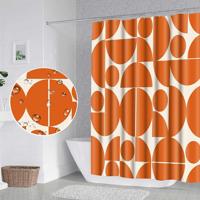 Vintage Orange Mid Century Modern Shower Curtain Boho Abstract Geometric Art Shower Curtains for Bathroom Decor 72x96 Inch 70s 80s Retro Washable Fabric Bathroom Set with 12 Hooks
