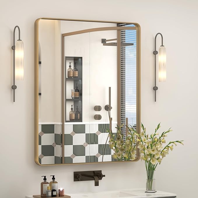 30x36 Gold Mirror for Bathroom, Brushed Gold Metal Framed Mirror for Vanity, Rectangle Wall Mouted Mirror, Rounded Corner, Shatterproof, Anti-Rust (Horizontal/Vertical)