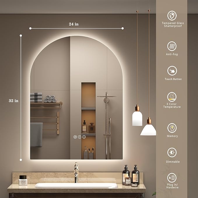 24x32 Inch Arched LED Bathroom Mirror with Backlit, Dimmable Lighted Illuminated Mirror, Anti-Fog, 3 Colors, Memory, Shatter-Proof, ETL Listed