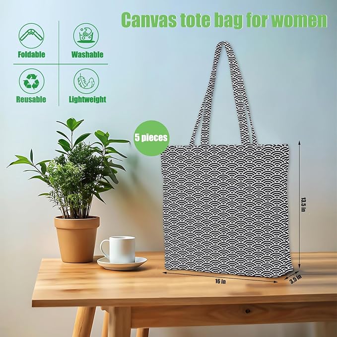 Decohim Multiple Packs Floral Japanese Print Canvas Tote Bag Reusable Grocery Bags Gifts for Women Girls Birthday Christmas