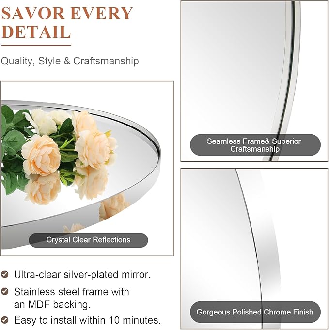 ANDY STAR 30 x 40 Inch Arched Mirror, Bathroom Mirror in Stainless Steel Metal Frame, Arch Top Rounded Corner Set Design Wall Mount Hangs Vertical