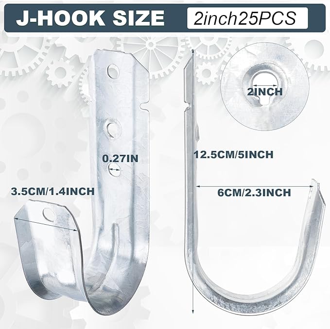 COCODE 25 Pack Wall Mount 2’’ J Hooks with Retainer Clip Galvanized Steel Cable Hangers Heavy Duty Utility Hooks Cable Management Support for Structured Cabling