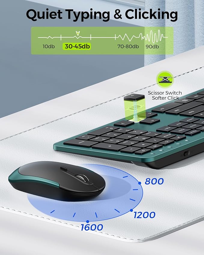 Wireless Keyboard and Mouse Combo, Full Size Slim Thin Cordless Keyboard Mouse with Numeric Keypad, Quiet Computer Keyboard Mice Set 2.4G Stable Connection Adjustable DPI (Green)