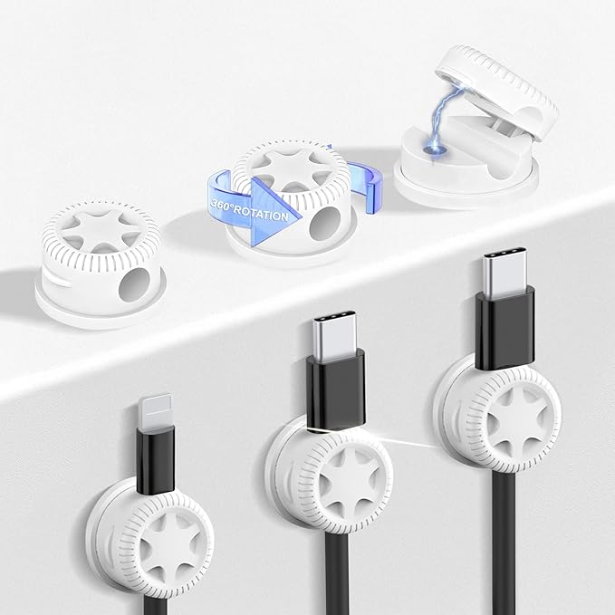 6 Pack Cord Organizer Magnetic Cable Clips, 360° Rotation Cable Clips - Adjustable Cord Holder for Nightstand, Adhesive Cable Management Cord Clips, Cable Holder & Charger Organizer（White