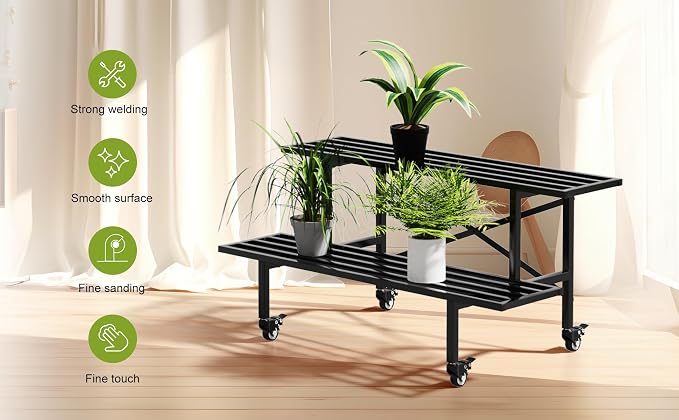 Zhongma 2 Tier Sturdy Metal Plant Stand with Wheels, L35.43 x W17.5 x H16.14 inch, Heavy Duty Plant Holder for Home Indoor and Outdoor,440 LBS Capacity & Heavy Duty Construction