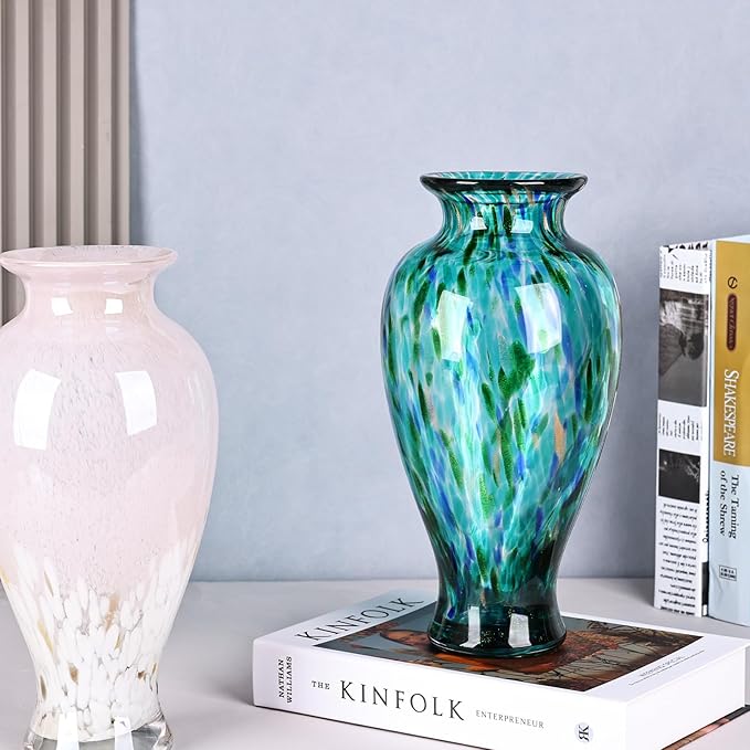 11.8" Tall Turquoise Glass Vase Beautiful Hand Blown Glass Vase Modern Art Home Decor, Wide Mouth Colorful Vases for Mantle Dining Table Centerpiece, Entryway Living Room Wedding Decoration