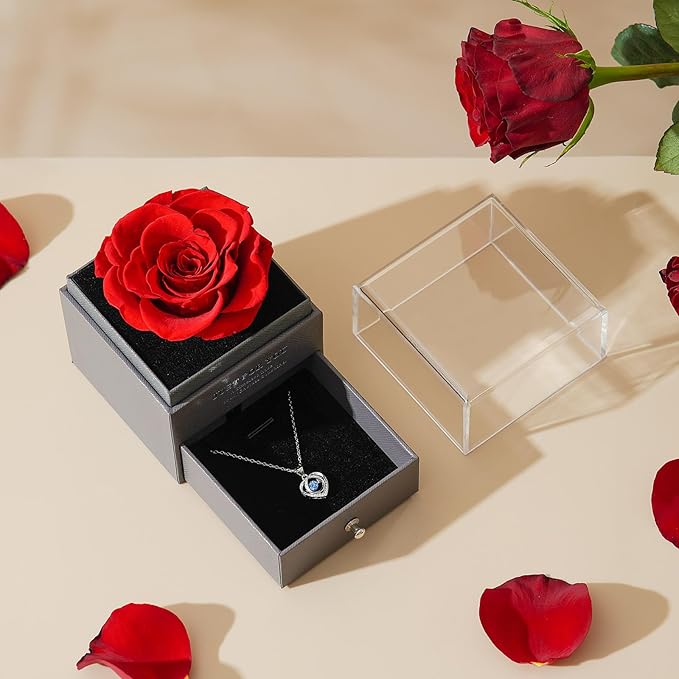 ADDWel Eternal Rose Gifts for Her - Preserved Rose with Silver Heart Pendant Necklace for Wife Girlfriend Mom | You are My Sunshine Music Box for Women - Perfect on Valentines, Birthday, Anniversary