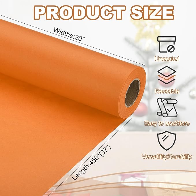 PATIKIL Wrapping Paper, 20" x 450"(37') 70 GSM Craft Paper Roll Kraft Packing Paper for Poster Bulletin Board, Gift Wrapping, Orange